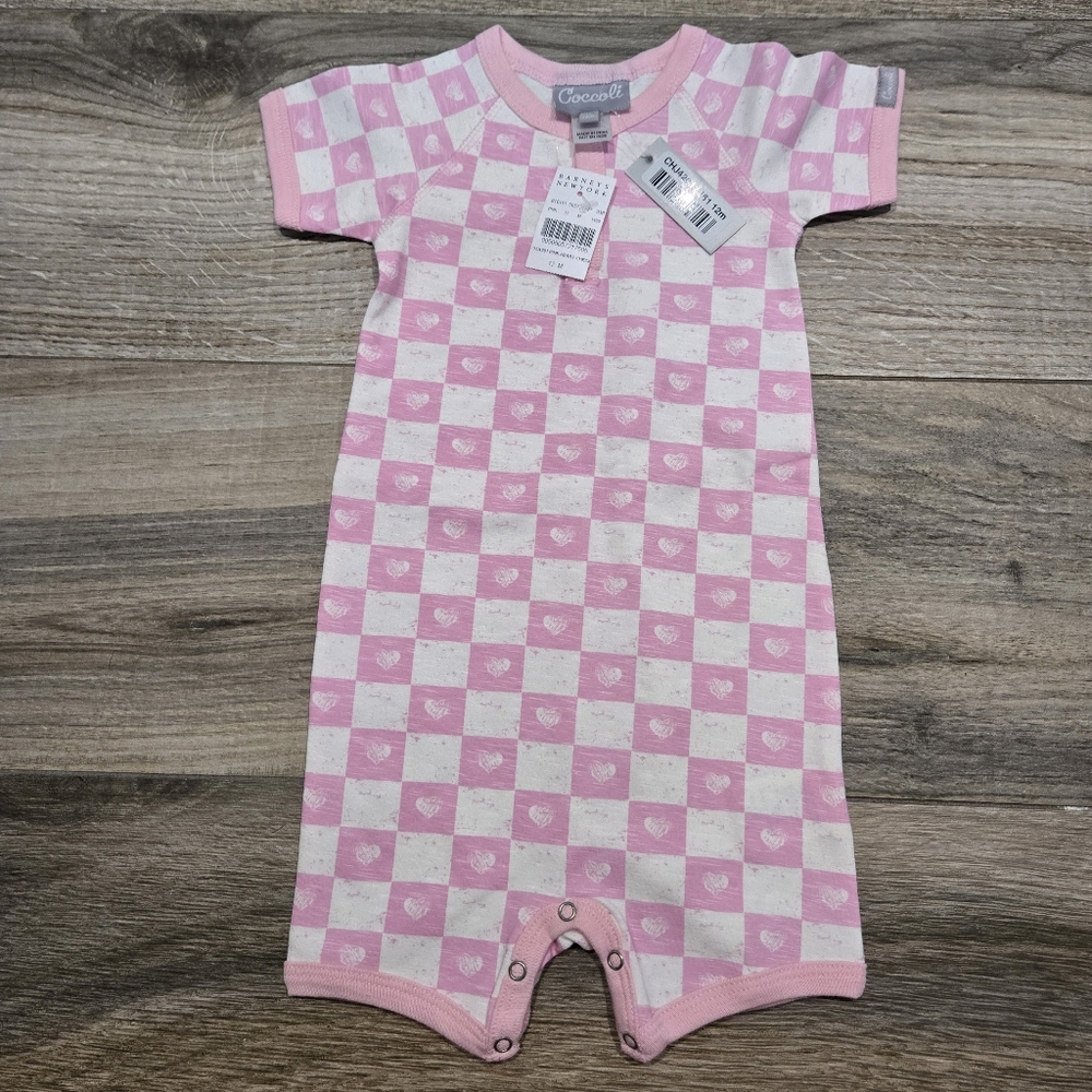 NWT Coccoli Checkered Hearts Short Sleeve Baby Girls Romper 12 Months